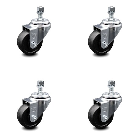Service Caster 3 Inch Soft Rubber Wheel Swivel 12mm Threaded Stem Caster Set SCC-TS20S314-SRS-M1215-4